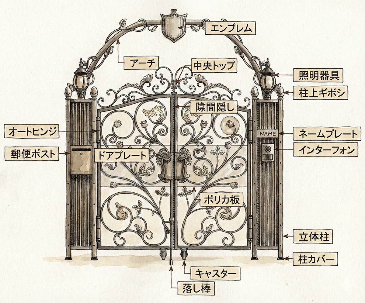 装飾的な錬鉄製門扉の構成要素を詳細に示した水彩画風のイラスト図。矢印と日本語のラベルが、エンブレム、アーチ、郵便ポスト、照明器具、インターフォン、オートヒンジ、落し棒などの部品を特定している。