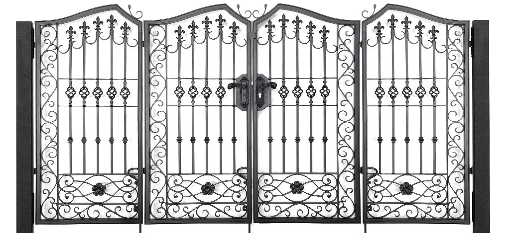 ロートアイアン製の4枚折れ戸タイプ門扉。クラシックな曲線装飾とフラワーモチーフが美しいバイフォルドデザイン。