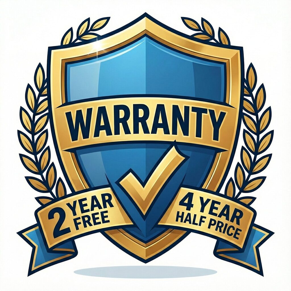 「WARRANTY」と刻まれた盾に、「2 YEAR FREE（2年間無料）」「4 YEAR HALF PRICE（4年間半額）」のリボンが付いた、手厚い保証制度を示すエンブレムのイラスト。