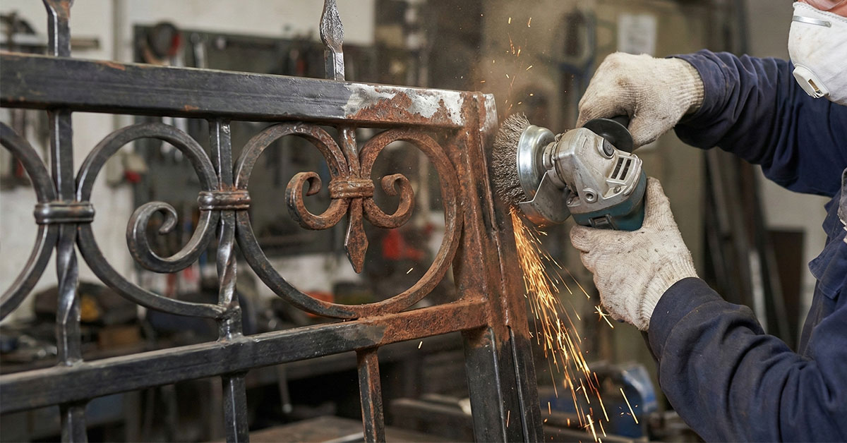 職人がグラインダーとワイヤーブラシを使用し、装飾アイアンゲートの頑固な赤錆を火花を散らしながら徹底的に研磨除去している下地処理の作業風景。