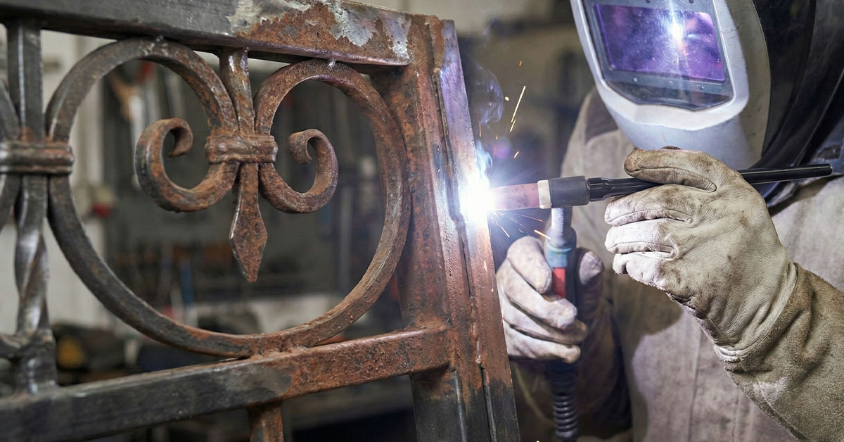 溶接ヘルメットで顔を保護した熟練工が、破損したアイアンゲートの接合部をアーク溶接で強力に修理しているクローズアップ写真。溶接光が輝いている。