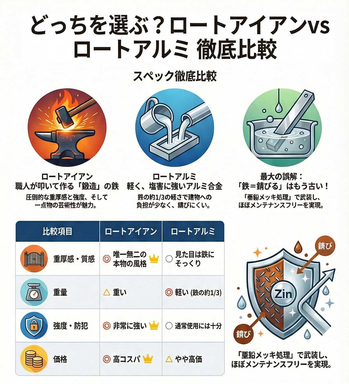 ロートアイアンvsロートアルミ徹底比較図（質感・重量・強度/防犯・価格）とおすすめ分岐