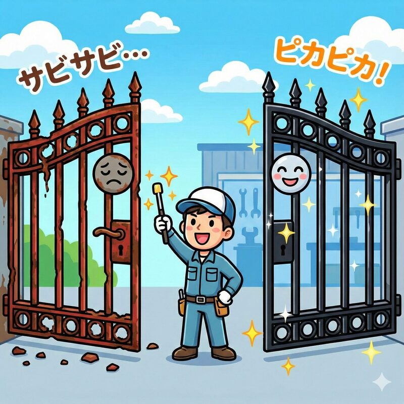 鉄製門扉の錆取り・修復サービスのビフォーアフターイラスト。左側の錆びて古い門扉が、中央の職人の手によって右側のピカピカな新品同様の状態へ蘇る様子。