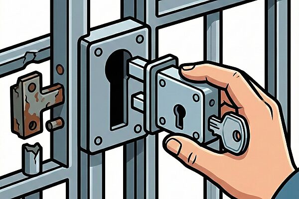 鉄格子に取り付けられた古い施錠パーツを手で取り外し、新しい錠前本体と鍵に交換・組み込みしているイラスト。