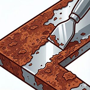 金属表面に広がった頑固な赤錆を、スクレーパーで削り落として除去している作業のイラスト。