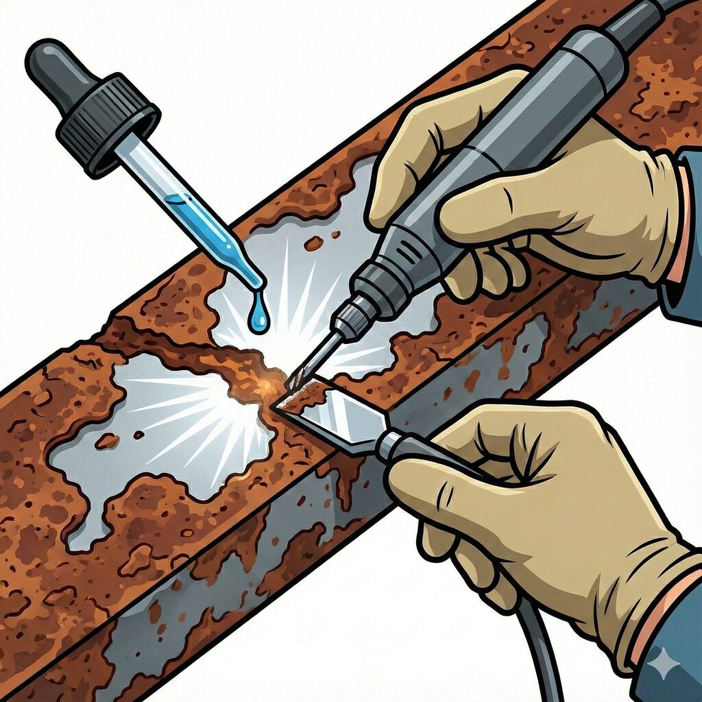 錆びた金属の深部を専用工具で研磨し、薬品処理を施して錆の根源から治療しているプロの作業工程を示すイラスト。