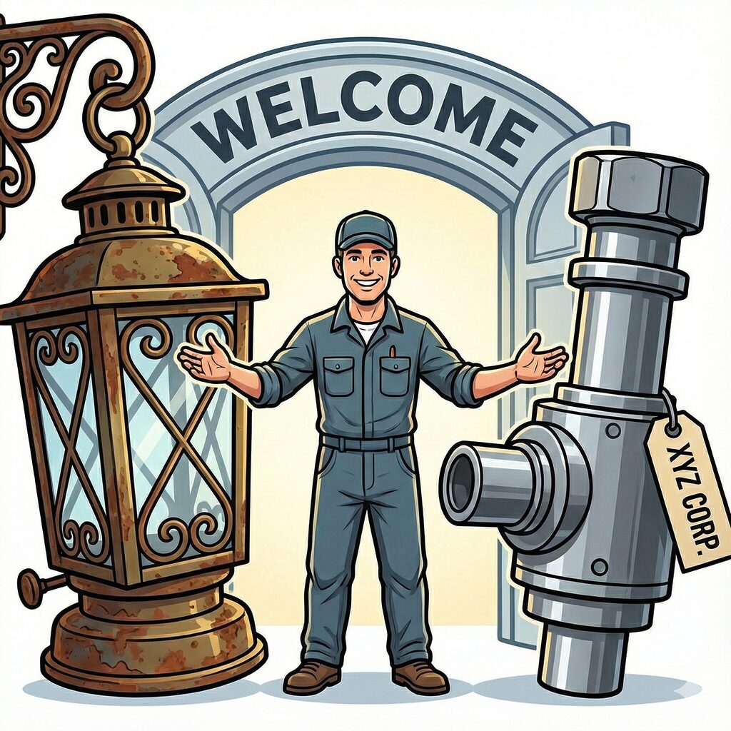 錆びたアンティーク調のランタンや他社メーカー製の金属部品を、笑顔の作業員が両手を広げて歓迎しているイラスト