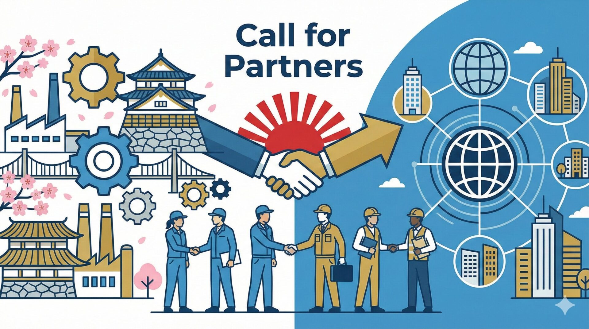 製造業のパートナー募集バナーのためのベクターイラスト。中央の握手が、左側の伝統的な日本のものづくり（桜、城、歯車で象徴）と、右側のグローバル市場（地球儀と近代的な都市ネットワークで象徴）をつないでおり、日本の技術を世界基準へ高めるというビジョンを可視化している。