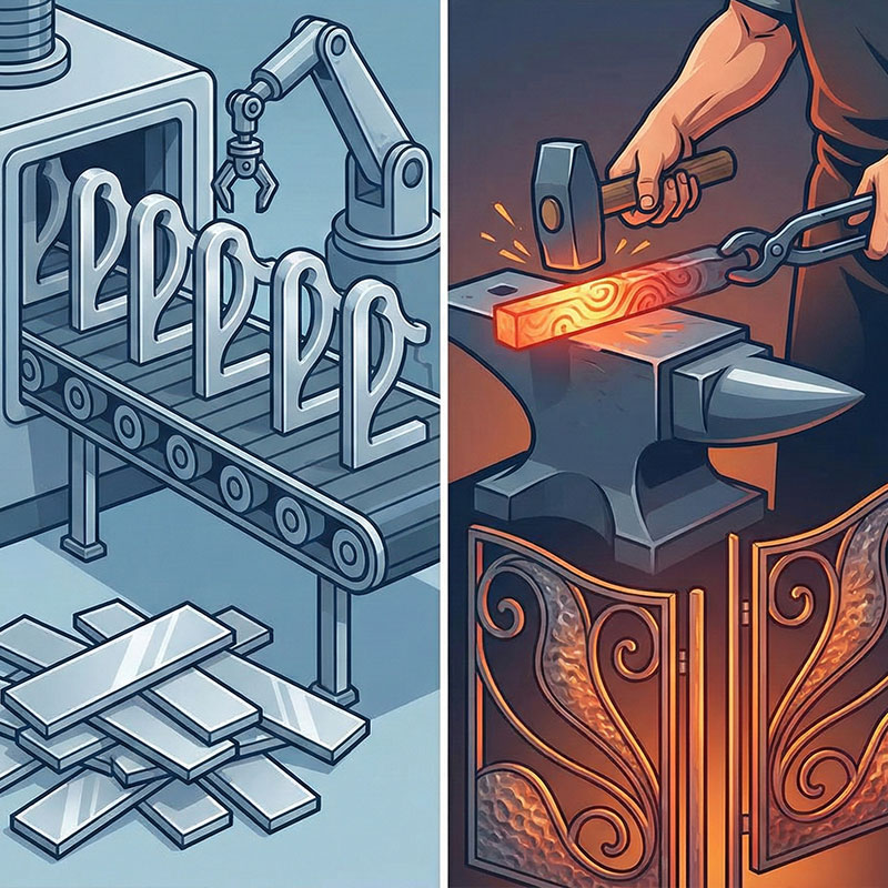 2つのアルミ製造プロセスを比較したベクターイラスト。左側は「アルミ鋳物」を表し、自動化された機械が同一の部品を大量生産している様子を示す。右側は「アルミ鍛造」を表し、職人がハンマーで叩き、手作業で曲げてユニークなアルミ門扉を製作している様子を示し、大量生産品と職人による手作りの品質の違いを強調している。