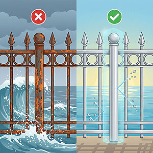 海沿いにおける鉄とアルミのフェンスの耐食性を比較するベクターイラスト。左側は、嵐の塩分を含んだ飛沫を浴びて錆びた鉄のフェンスと赤い「×」印。右側は、透明なシールド（酸化皮膜を表す）が塩を弾いてきれいに保たれているアルミのフェンスと緑のチェックマークで、海沿いの塩害に対する優れた耐性を図解している。