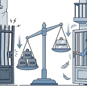 天秤を使って重い鉄製と軽量なアルミ製の門扉の重量を比較するベクターイラスト。左側は重い鉄の門扉が建物の壁を傷つけ、ヒンジに負担をかけている様子を示す。右側は、軽量なアルミの門扉が2階のバルコニーで、羽が舞う中、人物によって軽々と開けられている様子を示し、アルミの驚異的な軽さ（鉄の約1/3）による建物への負担軽減と操作性向上のメリットを説明している。