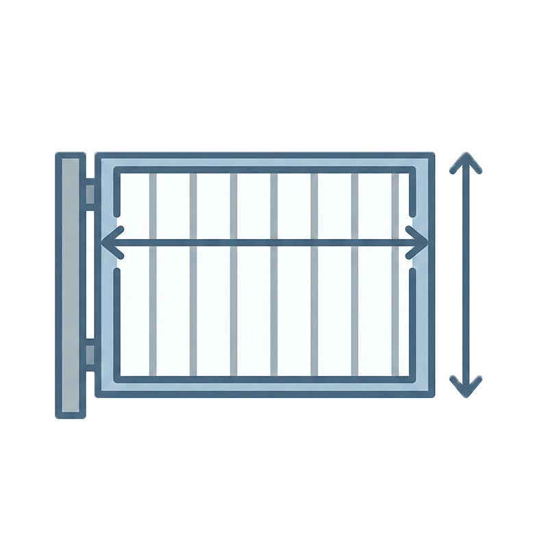 青とグレーのベクタースタイルで描かれた、ゲートやフェンスパネルの輪郭を示すアイコン。幅と高さを示す双方向の矢印がそれぞれ添えられており、製作したい製品のおおよそのサイズ（寸法）を把握するためのイメージを視覚的に表しています。