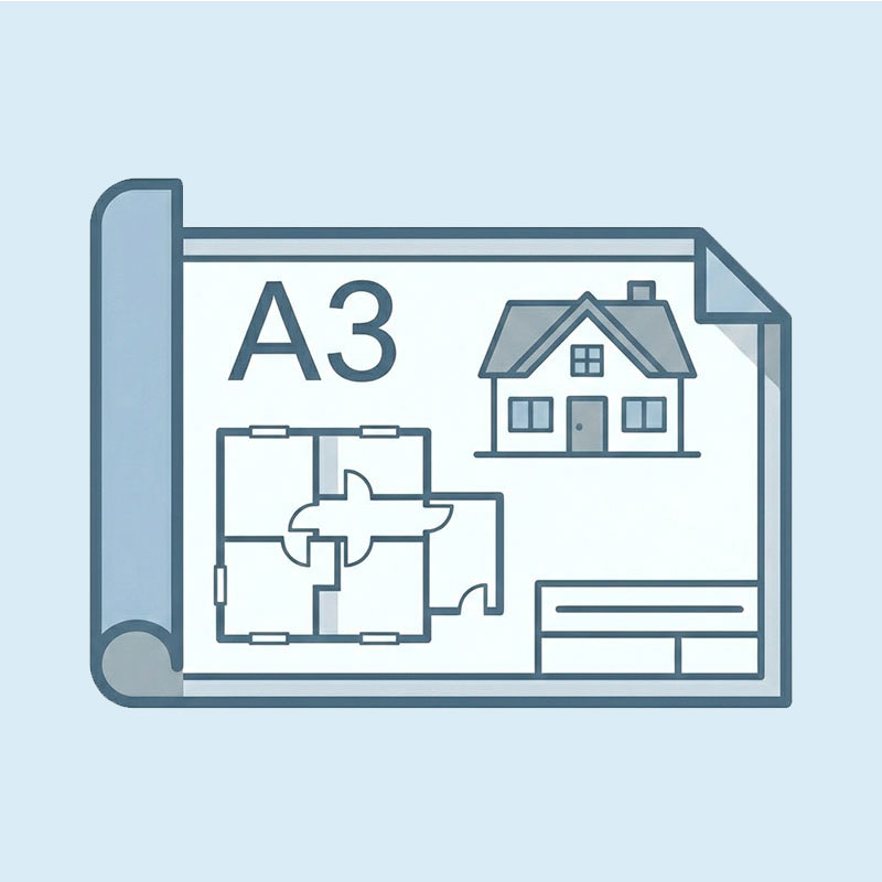 青とグレーのベクタースタイルで描かれた、A3サイズの建築図面アイコン。巻かれた青焼き図面に「A3」の文字が大きく記され、平面図と立面図が見やすく配置されている。