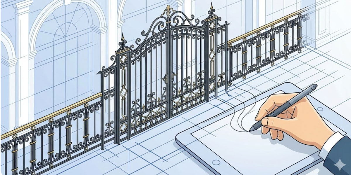 建築設計図（青焼き）の背景から立体的に浮かび上がる、装飾的なロートアイアン製の門扉とフェンスのデザイン。前景では、設計者の手がデジタルタブレットとスタイラスペンを使い、設計図上にスケッチを描き加えている様子を示すベクターイラスト。