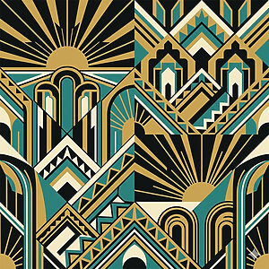 直線を基調としたアール・デコ様式の幾何学パターンを示すベクターイラスト。黒、ゴールド、ティール（青緑）、クリーム色を組み合わせ、サンバースト（放射状の光）、階段状のアーチ、ジグザグ模様などが反復するモダンでシャープなデザイン。