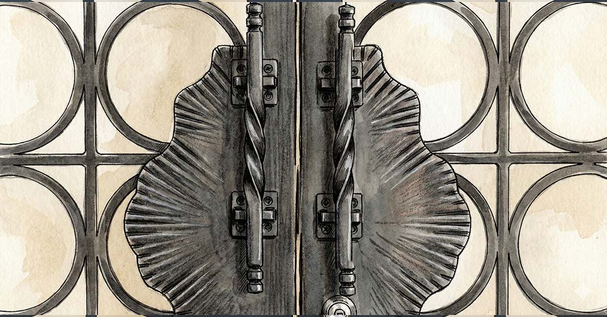 幾何学的な円形グリルの背景に対し、ねじりスパイラル状のグリップと装飾的なスカラップ状のバックプレートを特徴とする、装飾的な黒いロートアイアン製門扉ハンドルのクローズアップ詳細。