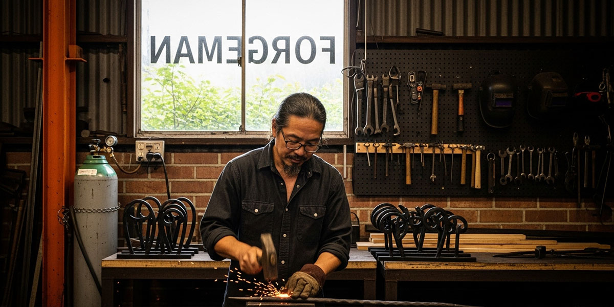 窓に「FORGEMAN」の文字が反転して見える工房で、メガネをかけた鍛冶職人の男性がハンマーを振り下ろし、金床の上で赤熱した金属を叩いて火花を散らしている様子。