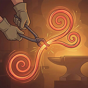 火花が散る中、金床の上でやっとこを使い、赤熱した鉄の棒を複雑な渦巻き状のスクロールに曲げる鍛冶屋のベクターイラスト。これは、飴細工のような可鍛性を持つロートアイアンの、自由な曲線美と表現力を実証している。