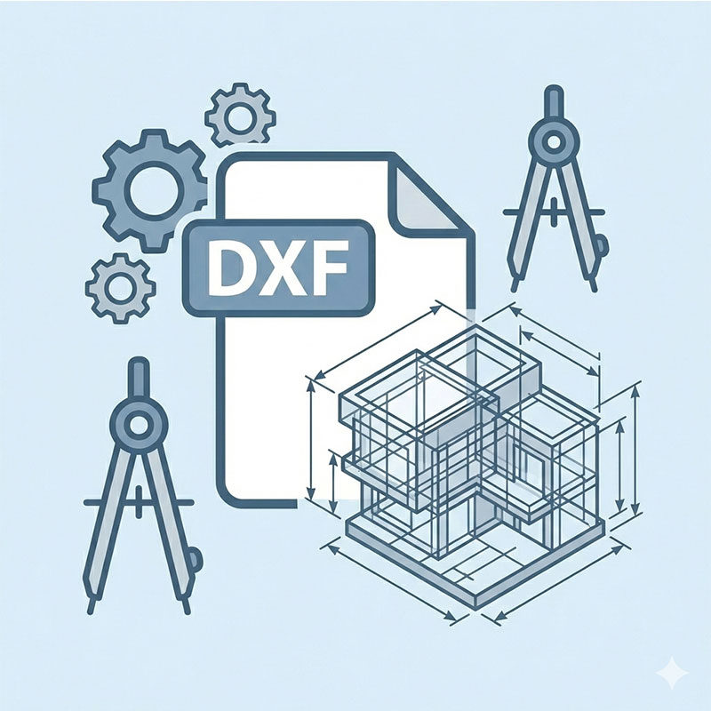 青とグレーのベクタースタイルで描かれた、DXF形式のCADデータ提供を示すアイコン。「DXF」と記されたファイルの周囲に、立体的な建物のワイヤーフレーム図や製図用コンパス、歯車が配置されており、建築士や工務店との連携用に詳細な設計データが利用可能であることを表現しています。