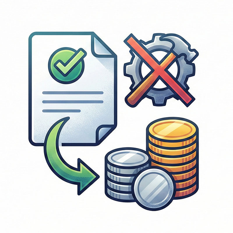 キャンセル・返金のルールを示すリッチなベクターアイコン。左側は「正式発注前は返金可能」であることを、チェックマーク付きの書類からコインの山へ伸びる矢印で表現。右側は「製作開始後はキャンセル不可」であることを、歯車とハンマーのアイコンに重ねた赤いバツ印で表現しており、発注の前後で異なる対応方針を視覚的に対比させている。