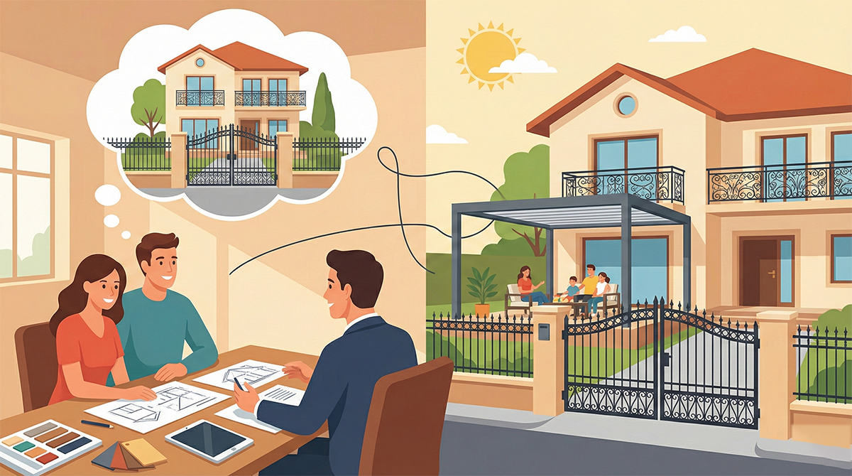 ロートアイアン・アルミ製品のオーダーメイド相談から理想の住まいが完成するまでのプロセスを描いたイラスト。左側の設計打ち合わせから、右側の豪華な門扉やバルコニー、パーゴラが設置された完成後の様子へと、夢が実現する流れを表現しています。