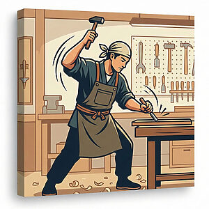 献身的な個人の日本人職人（「職人」または一人親方）が技術を披露している様子を示す、躍動感のあるベクターイラスト。彼は手ぬぐいや前掛けといった伝統的な作業着を身に着け、木屑が舞う整頓された作業場で、金槌とノミを使って精力的に木彫りを行っており、「腕一本で技術を振るう」という概念を表している。
