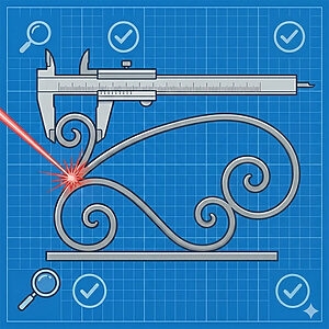 青い設計図を背景に、精密なノギスを使用してロートアイアンの渦巻き（スクロール）パーツの寸法を測定・検証している様子を描いたベクターイラスト。レーザー測定の描写もあり、設計図通りの厳格な精度確認を行っていることを示している。
