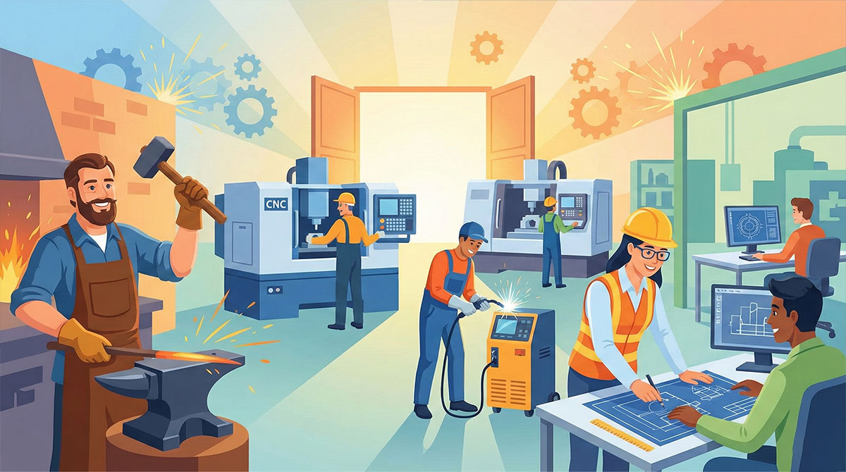 パートナー募集バナーのための活気あるベクターイラストで、多様な協力型ワークショップを描写している。左側には伝統的な鍛冶職人、中央には最新のCNC機械オペレーターと溶接工、右側には設計図とCAD画面で作業するエンジニアが配置されている。全員が明るく開かれた工場環境で楽しそうに協力して働いており、パートナーとして求めている幅広い熟練職人と工場の姿を可視化している。