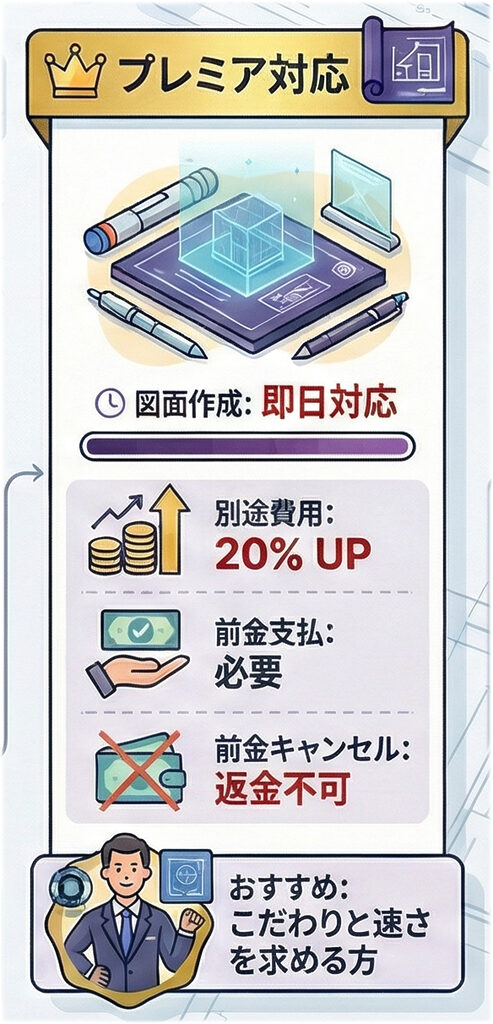 「プレミア対応」プランの説明イラスト。紫色とゴールドを基調とし、王冠や先進的なツールで最高品質と最速対応を表現。図面作成は「即日対応」が可能。別途費用が20%加算され、前金が必須（キャンセル時返金不可）となるが、こだわりと圧倒的な速さを求める方に推奨される最上位プラン。