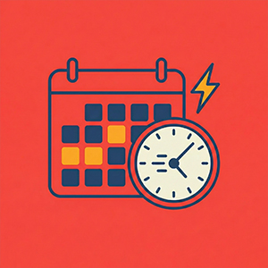 オンライン図面作成サービスの「特急対応」プランを示すアイコン。赤色の背景に、直近の予定が強調されたカレンダー、速く進む時計、スピードを表す稲妻マークが描かれており、納期をお急ぎの方向けの優先プランであることを表現しています。