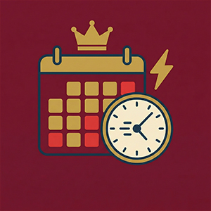 オンライン図面作成サービスの「プレミア対応」プランを示すアイコン。濃い赤色の背景に、過密なスケジュールを示すカレンダー、速い時計、稲妻に加え、最上位を表す王冠マークが描かれており、即日対応や複数提案を含む超お急ぎの方向けの特別プランであることを表現しています。