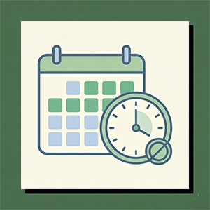 オンライン図面作成サービスの「ゆっくり対応」プランを示すアイコン。緑色の背景に、スケジュールに余裕があるカレンダーとゆっくり進む時計、前払い不要を意味するマークが描かれており、納期を急がない方向けのプランであることを表現しています。