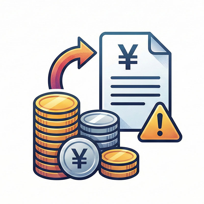 例外として実費が発生するケースを示す警告アイコン。積み上がったコインの山（一部に円マーク「￥」）から、大きな円マークと注意喚起のビックリマーク（警告）が付いた書類へと矢印が伸びており、特定の条件下では標準外の追加支払いが必要になることを視覚的に強調している。