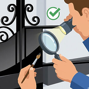 ベクターイラストによるロートアイアン製品の最終塗装検査。作業員がルーペとライトで表面の仕上がりや防錆処理の状態を細かくチェックし、筆でタッチアップを行っている様子。