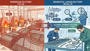 フォージマンの「海外」と「国内」のハイブリッド生産体制を図解したインフォグラフィック。左側は海外工場によるコストダウンとスピードを、右側は日本国内工場による精密検品と最終仕上げ、品質保証を示すアイコンで構成され、中央でこれらが統合された高品質なロートアイアン門扉が完成する流れを表現している。