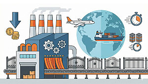 海外工場におけるロートアイアン製品の大量生産体制と、それによるコスト削減、グローバルな輸送、生産スピードの向上を説明するインフォグラフィックイラスト。