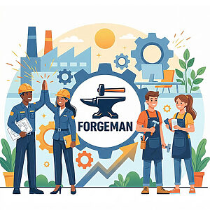 FORGEMANでの採用を促進する活気あるベクターイラスト。FORGEMANのアンビルロゴを中心に、多様で陽気な従業員チームが協力している。左側ではヘルメットをかぶった2人の正社員が設計図の近くでハイタッチし、右側ではエプロン姿の2人のアルバイトが工具を持って微笑んでいる。背景には様式化された工場の要素、歯車、上昇する矢印があり、正社員とアルバイトの両方にキャリアを提供する、前向きで包括的な職場環境を可視化している。