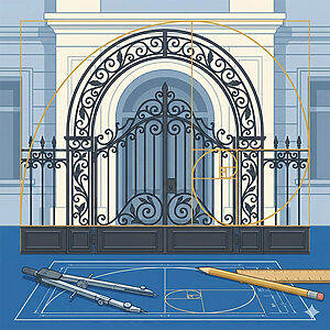 建物のエントランスを飾るロートアイアン製の門扉とアーチが、黄金比の螺旋とグリッドに基づいてデザインされている様子を示すベクターイラスト。前景には、青焼きの設計図面とコンパス、定規、鉛筆などの製図道具が置かれ、美しいプロポーションを追求する緻密な設計プロセスを表現している。