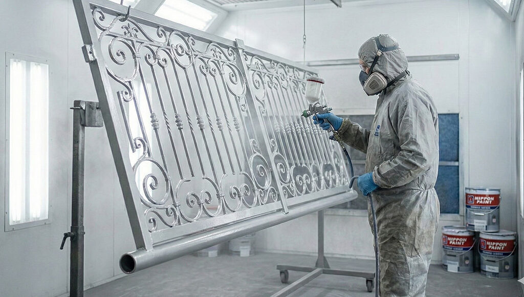 専用の塗装ブース内で、職人がスプレーガンを使い、ロートアイアン製品に高品質な焼付塗装を施している様子。背景には信頼性の高い日本ペイントの塗料缶が置かれています。