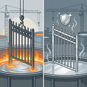 溶融亜鉛メッキの工程を示すベクターイラスト。画像は2つに分割されている：左側では、クレーンが暗い鉄の門扉を工場の赤熱した溶融亜鉛槽に降ろしている。右側では、門扉が保護力のある銀灰色のコーティングを施されて現れ、優れた耐久性と防錆性を表す輝く盾のアイコンが添えられている。