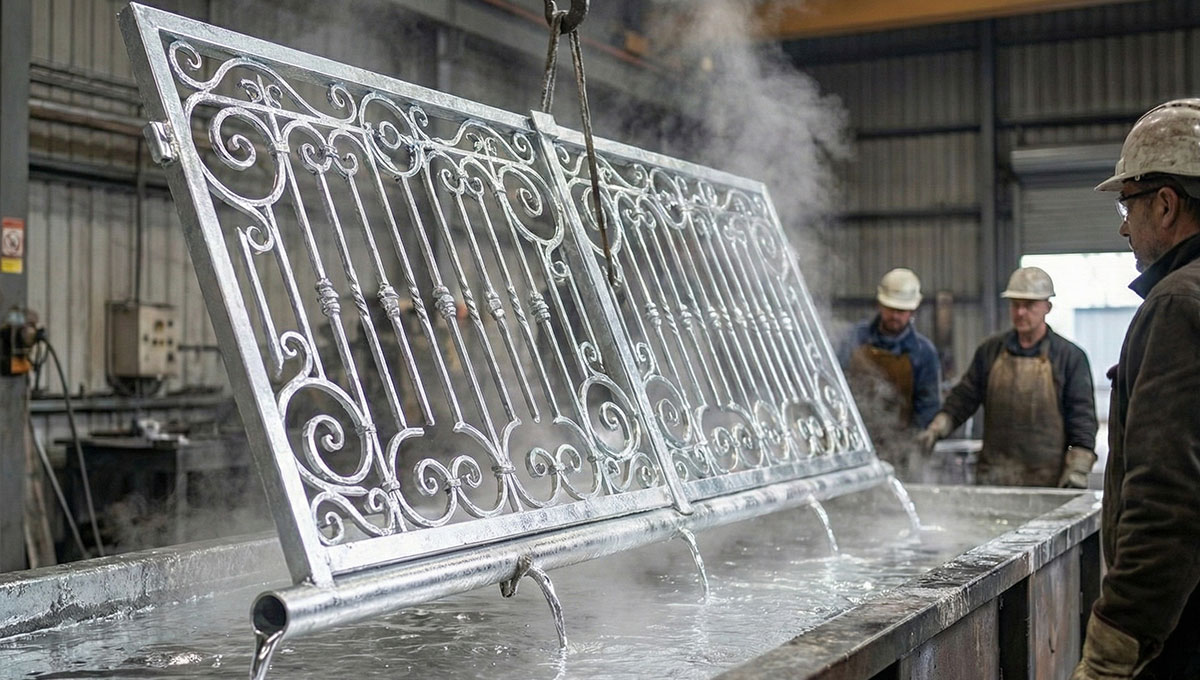 ロートアイアン門扉を溶融亜鉛メッキ槽から引き上げる様子。パイプ内部からも亜鉛が流れ出ており、隅々まで防錆処理が施されています。