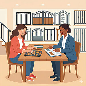 ロートアイアン製品のショールームにおける、対面デザイン相談の様子を描いたベクターイラスト。女性顧客が実物のアイアンパーツや色見本に触れながら、カタログを指し示すコンサルタントと具体的に仕様を打ち合わせている。背景には多種多様な門扉やフェンスのサンプルが展示されており、友好的で熱心な相談の雰囲気が伝わる。