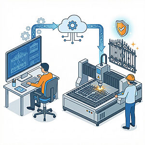 PC上のCAD設計データがクラウドを経由して直接レーザー切断機へ送られ、ヘルメットを着用した技術者が精密な門扉パーツを加工している様子。デザイン部門と製造部門のシームレスな連携による高品質な製品保証を示すベクターイラスト。