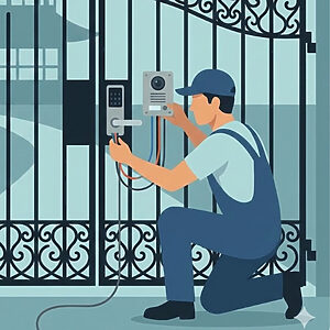 ベクターイラストによるロートアイアン門扉の日本仕様への最適化。作業員が日本の住宅向け電気錠やインターホンを取り付け、配線作業を行っている様子。