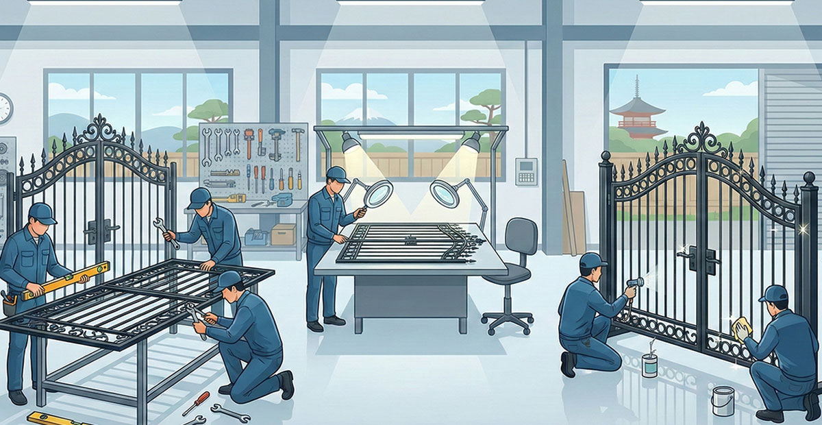 日本の国内工場で、熟練の職人たちがロートアイアン門扉の精密な組立、拡大鏡を使った最終検査、そして仕上げ塗装と磨き上げを行っている様子を描いたベクターイラスト。背景には富士山と五重塔が見え、日本国内での作業であることを強調している。