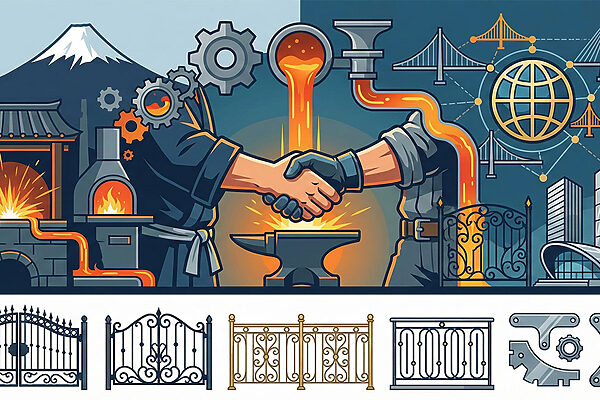 「ロートアイアン・アルミ製品の製作パートナー募集」バナーのためのベクターイラスト。輝くアンビルの上での握手が、左側の伝統的な日本の鍛造技術（富士山、歯車）と右側のグローバル市場（地球儀、近代都市）をつないでいる。下部には門扉や部品のサンプルがある。日本の鉄工技術を世界基準へ高めるというビジョンを可視化している。