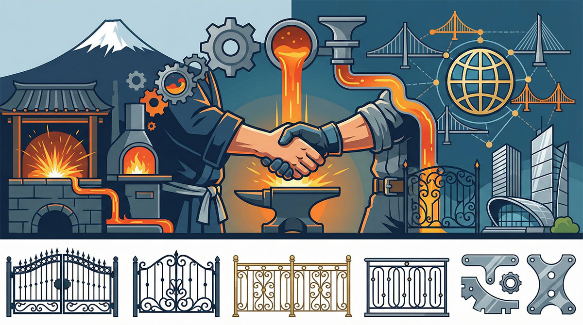 「ロートアイアン・アルミ製品の製作パートナー募集」バナーのためのベクターイラスト。輝くアンビルの上での握手が、左側の伝統的な日本の鍛造技術（富士山、歯車）と右側のグローバル市場（地球儀、近代都市）をつないでいる。下部には門扉や部品のサンプルがある。日本の鉄工技術を世界基準へ高めるというビジョンを可視化している。