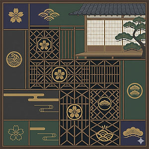 日本の伝統的な家屋と松の木を、多様な木製格子模様と桜・松・波などの家紋で構成した和モダンスタイルのベクターイラスト。深緑や藍色を用いた落ち着いた色彩で、伝統建築の要素と現代的なグラフィックデザインが融合している。