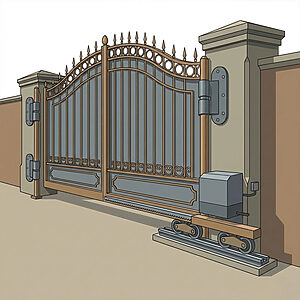 広い私道をまたぐ、巨大な電動式のロートアルミ製スライドゲートのベクターイラスト。画像はレールシステムとモーターを詳細に描いており、アルミの軽量性が駆動機構への負荷を軽減し、大きな開口部に理想的なソリューションであることを視覚的に実証している。