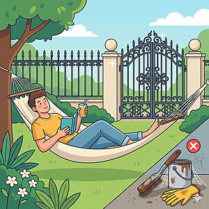 ロートアルミ門扉のメンテナンスフリーな利便性を象徴するベクターイラスト。男性が庭で、ピカピカに輝く門扉の横のハンモックで本を読みながら快適にリラックスしている。隅には、ワイヤーブラシやペンキ缶などの錆びたメンテナンス道具が廃棄され、赤い「×」印が付けられており、それらが不要であることを示している。